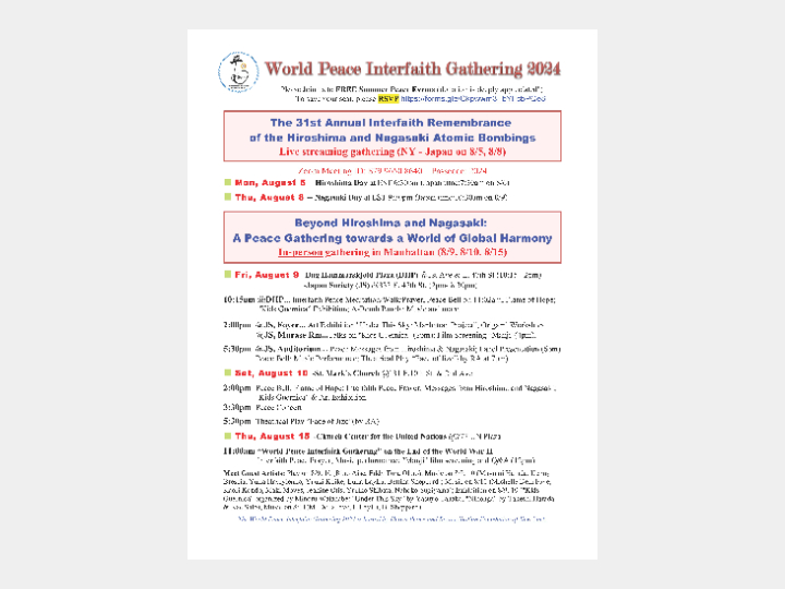 World Peace Interfaith Gathering 2024: Commemorating the 79th Year Anniversary of the Atomic Bombings of Hiroshima and Nagasaki